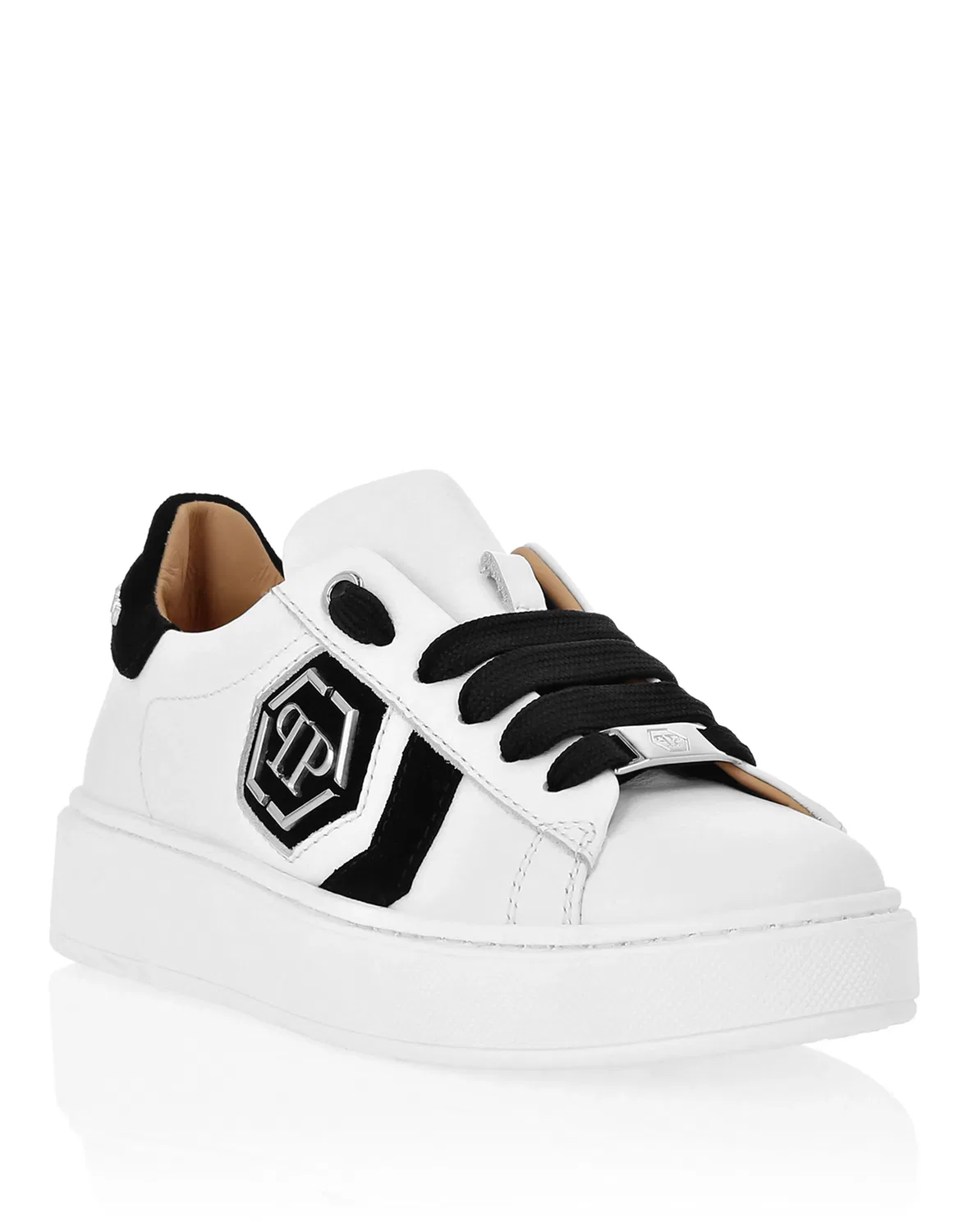 Детские кроссовки кожаные низкие Hexagon PHILIPP PLEIN, White/Black