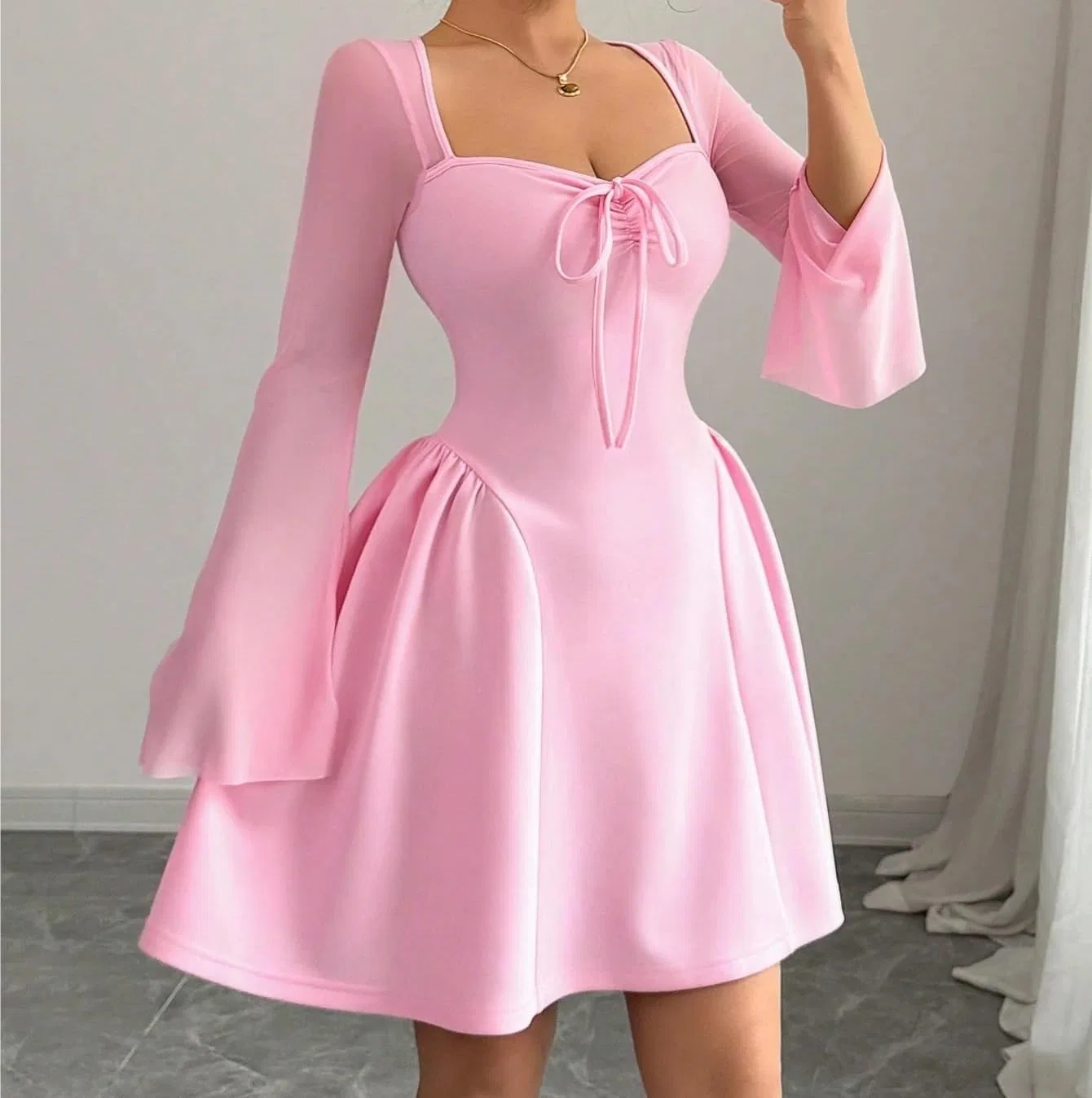 Женское платье A-силуэта мини с длинным рукавом, Pink — фото 3