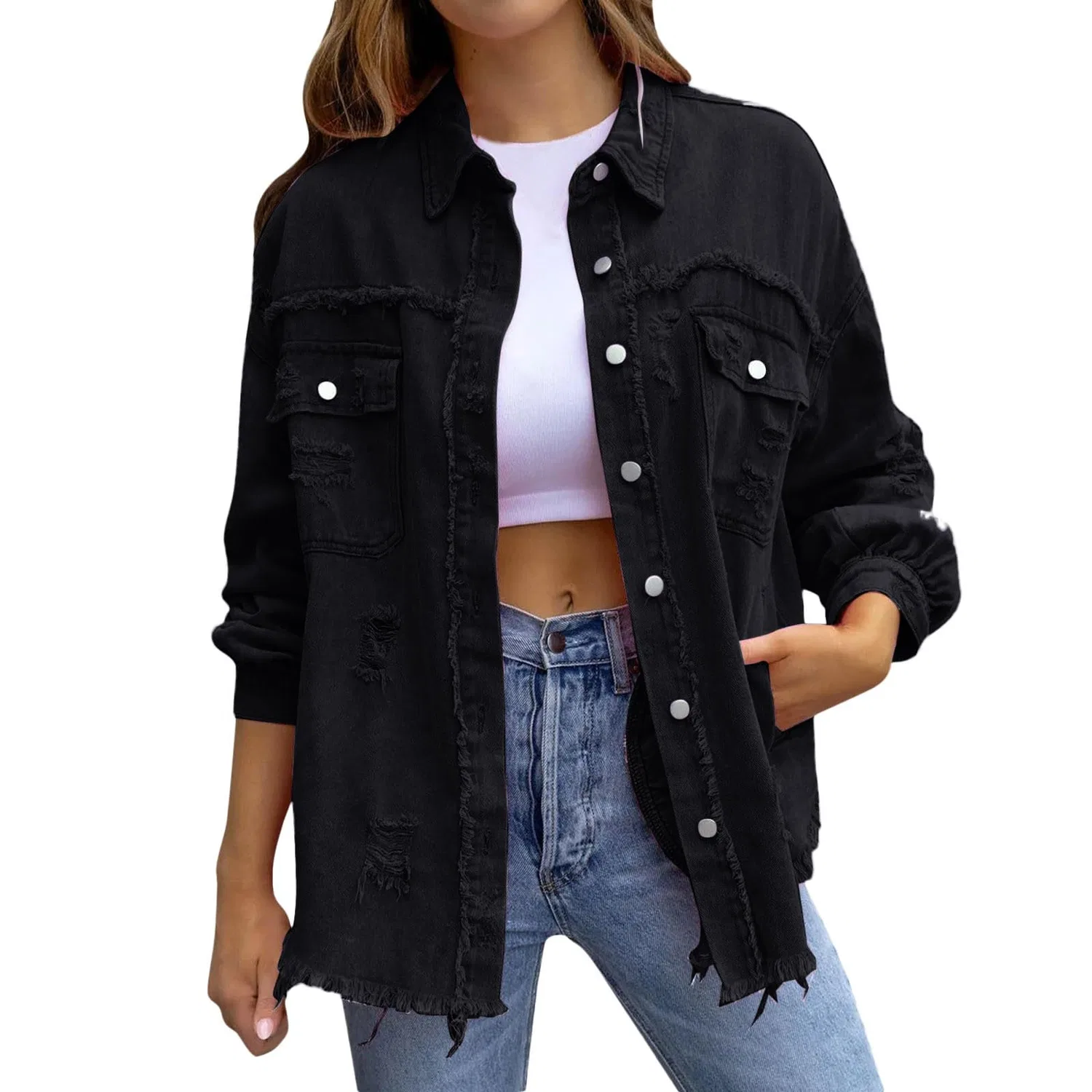 Женская джинсовая куртка оверсайз Boyfriend Distressed, Nero