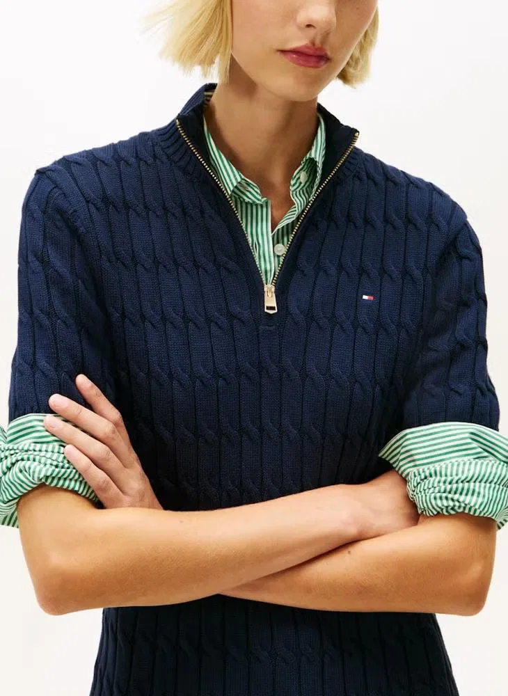 Платье-мини вязаное с коротким рукавом и полузамком Tommy Hilfiger, темно-синее — фото 3