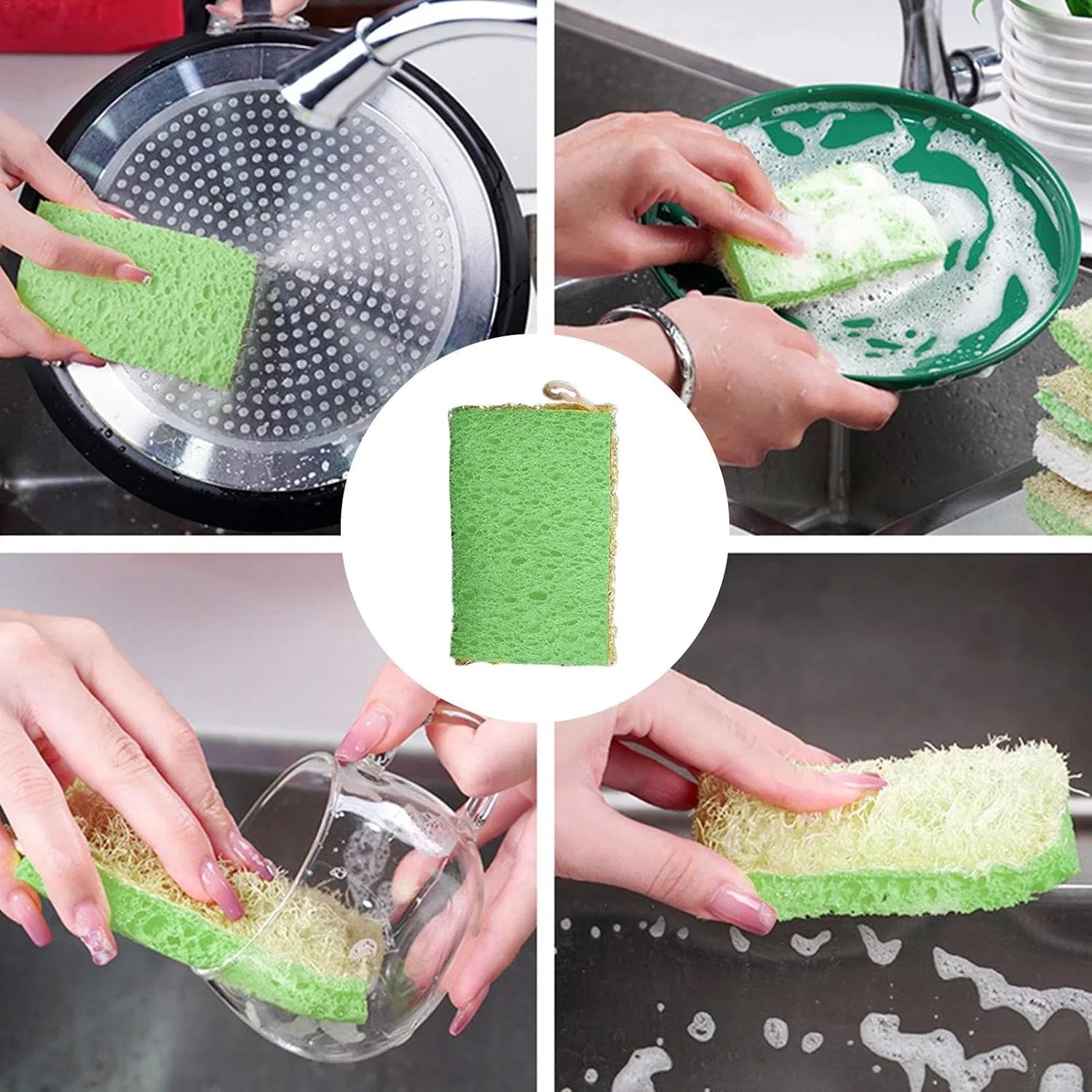 Мочалка для посуды, Mixnexorad, из люфы и древесной целлюлозы, 11x7x2 см, Green — фото 4