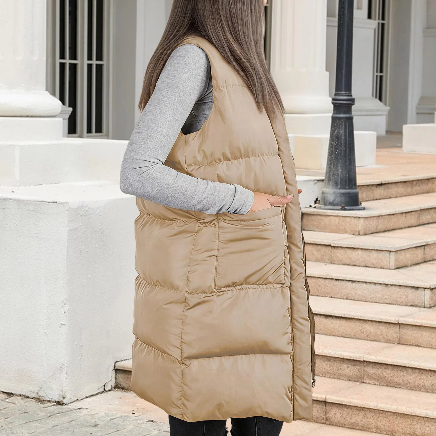 Женский жилет без рукавов с капюшоном, стеганый, на молнии, Beige — фото 2