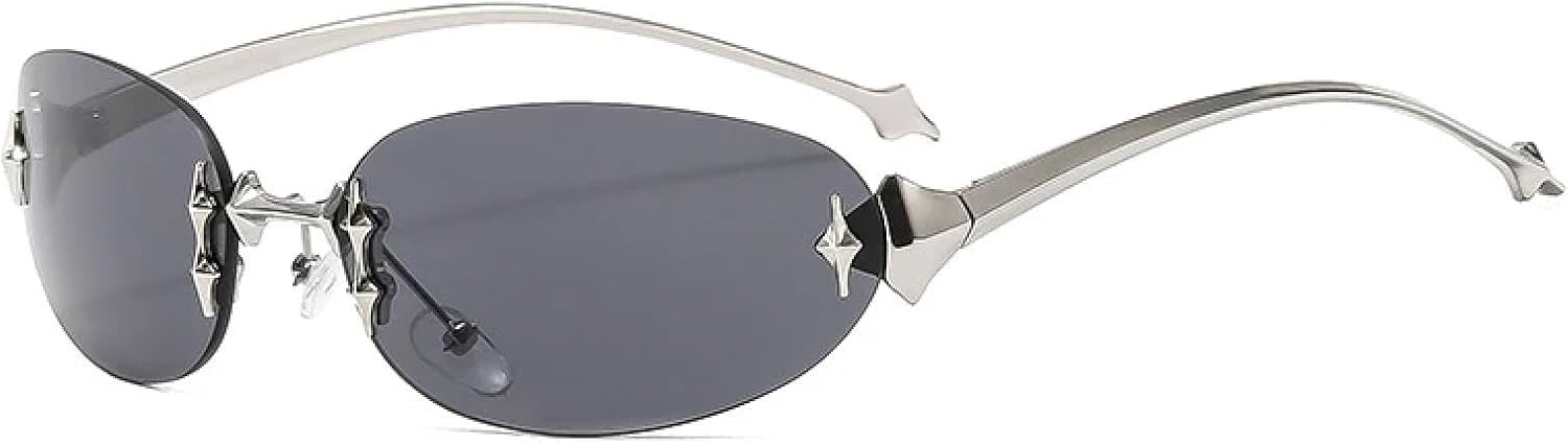 

Винтажные овальные солнцезащитные очки без оправы для женщин и мужчин, модные, для активного отдыха, хип-хопа, вечеринок, с защитой от УФ-излучения UV400 TKKTLLT, Silver Gray