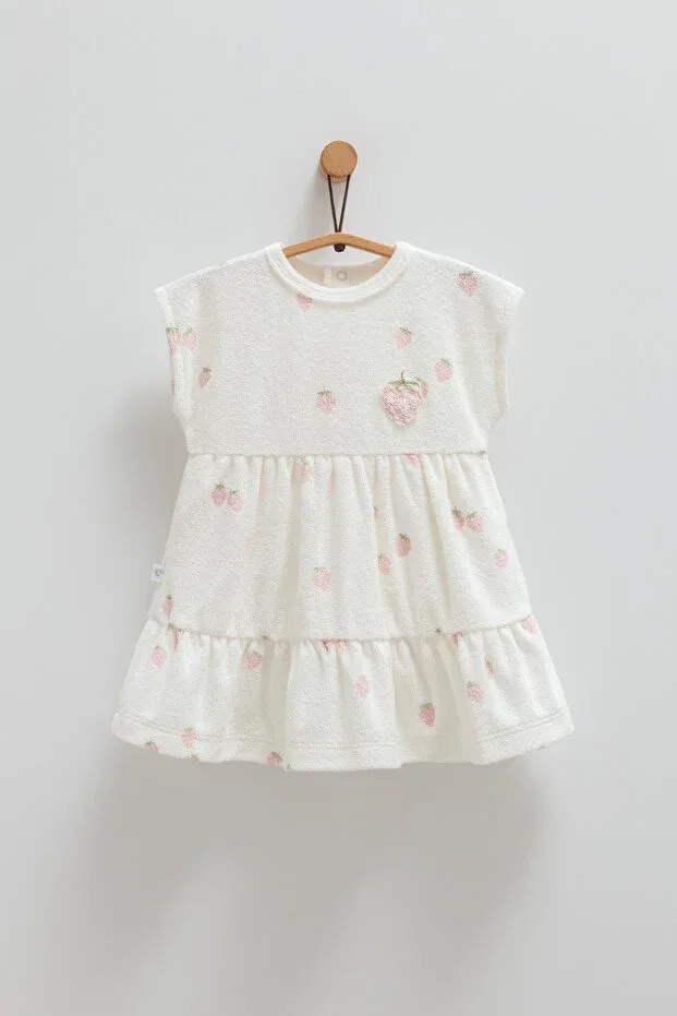 Детское платье для девочек с принтом Strawberry Patterned Terry Fabric Summer Dress Caramel, Ecru