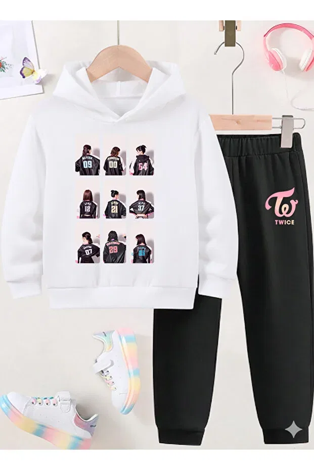 Детский комплект свитшот-брюки для девочек с принтом Twice Printed Sweatshirt Set / K Pop Stil X, White-1