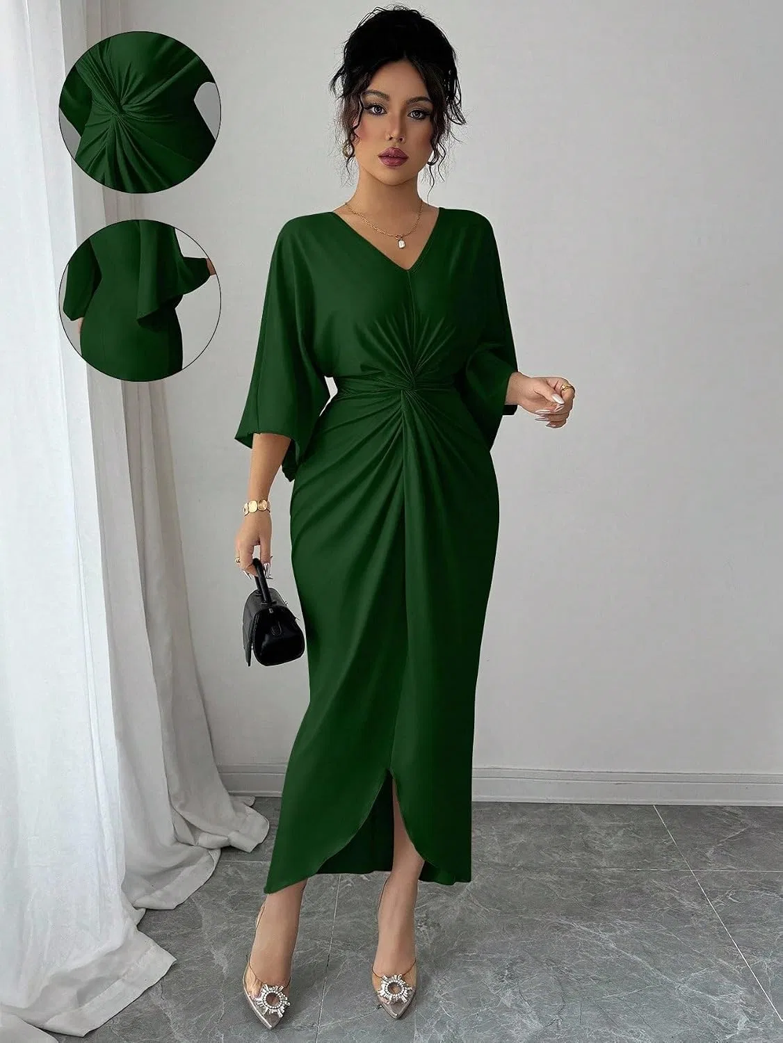 Женское элегантное платье миди с V-образным вырезом, Dark Green — фото 2
