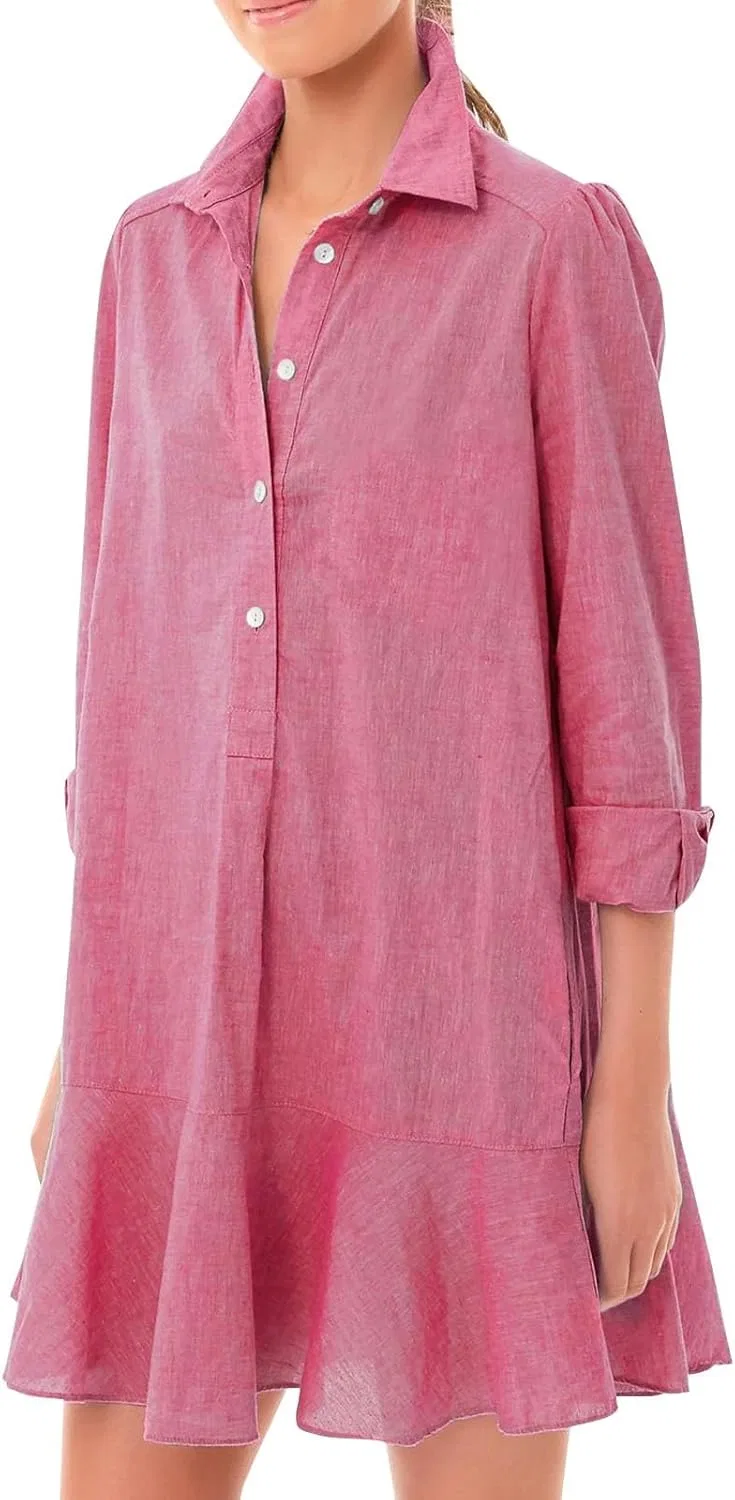Женское мини-платье туника с воланами из льна, Hot Pink