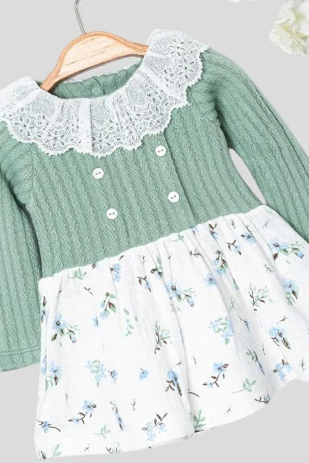 Детское платье для девочек с длинным рукавом Vintage baby girl dress Dinamik Çocuk, Green — фото 4