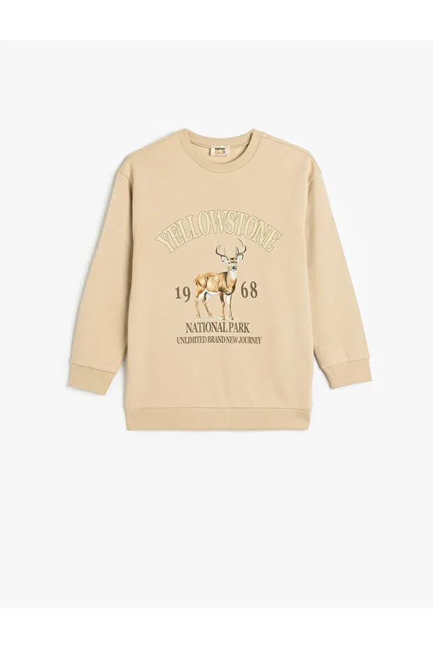 Детское для мальчиков свитшот с принтом Cotton raised deer printed oversize long sleeve sweatshirt Koton, Ecru