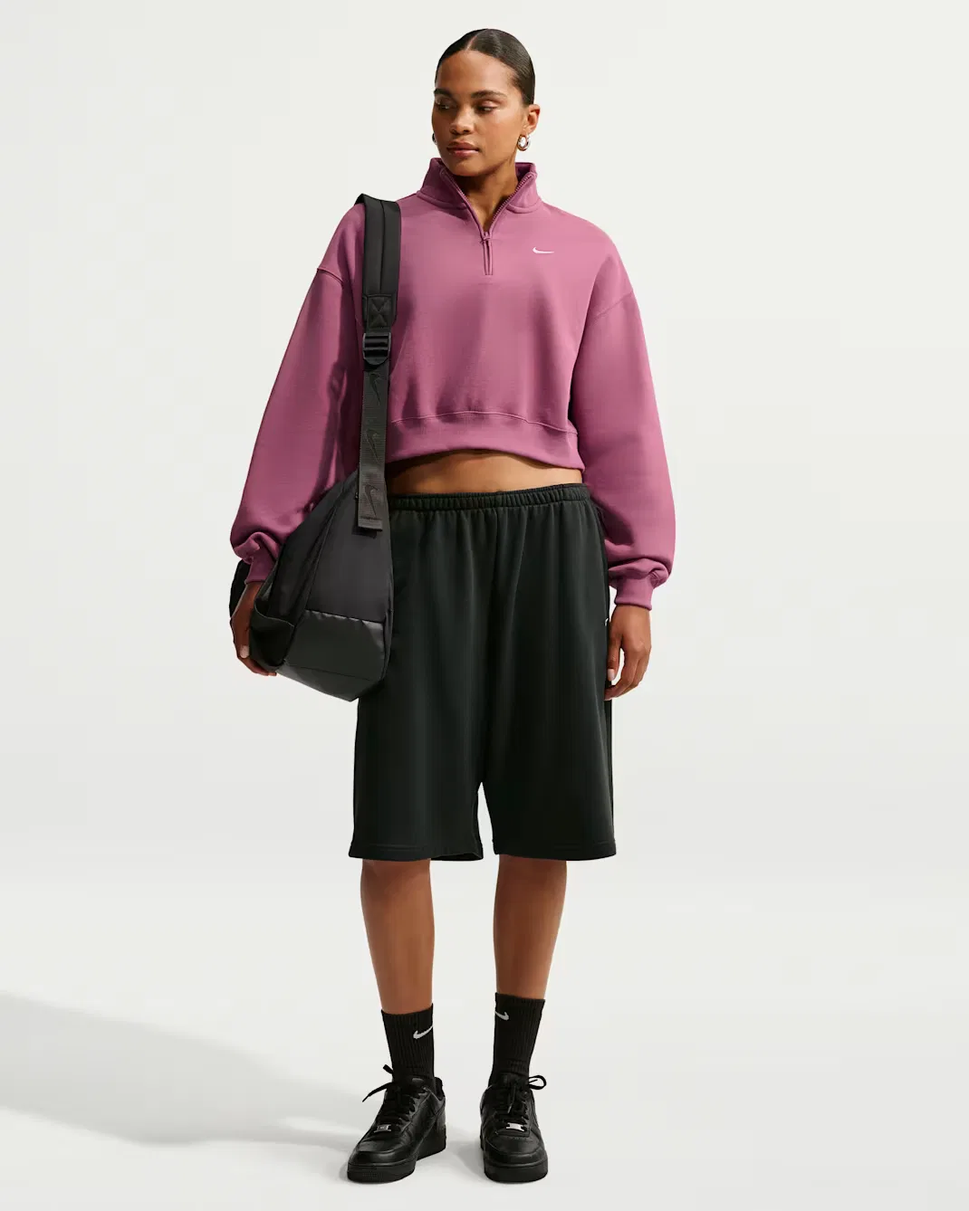 Женский укороченный топ свободного кроя с молнией на четверть длины Nike Studio Fleece Medium Weight, Pink Smoke/Sail — фото 4