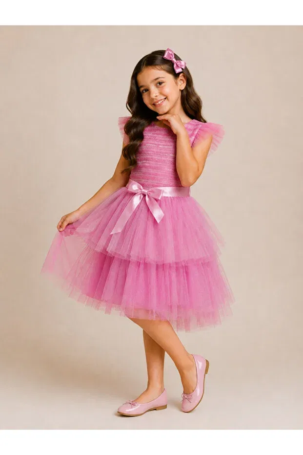 Детское платье для девочек с коротким рукавом Tutu Dress With Bow Detail Tinytrends, Pink