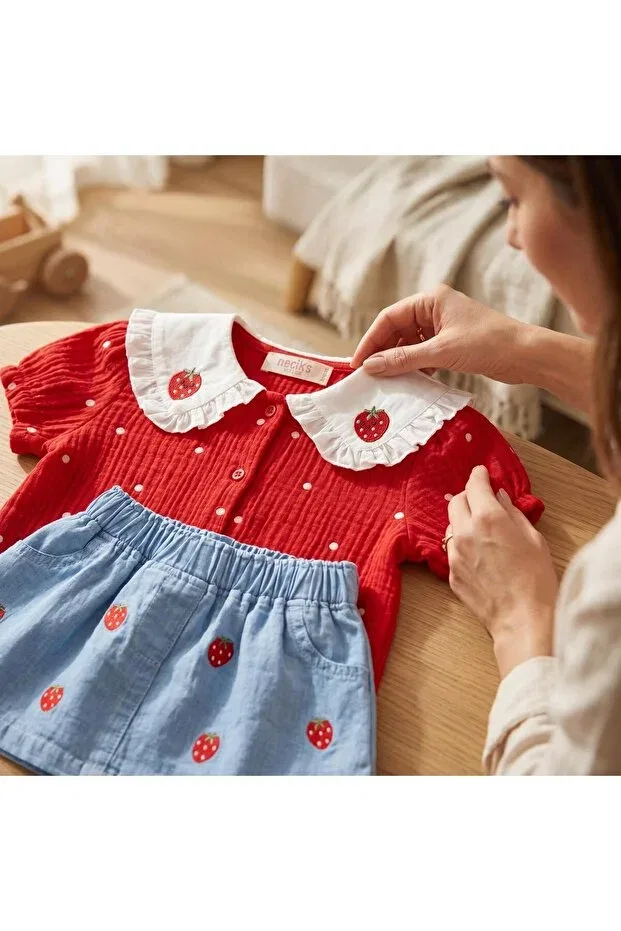 Детский комплект для новорожденных хлопковый Fisto strawberry collar embroidered 100% cotton muslin fabric mini denim skirt double holiday set Altintaş Baby, Red Blue — фото 4