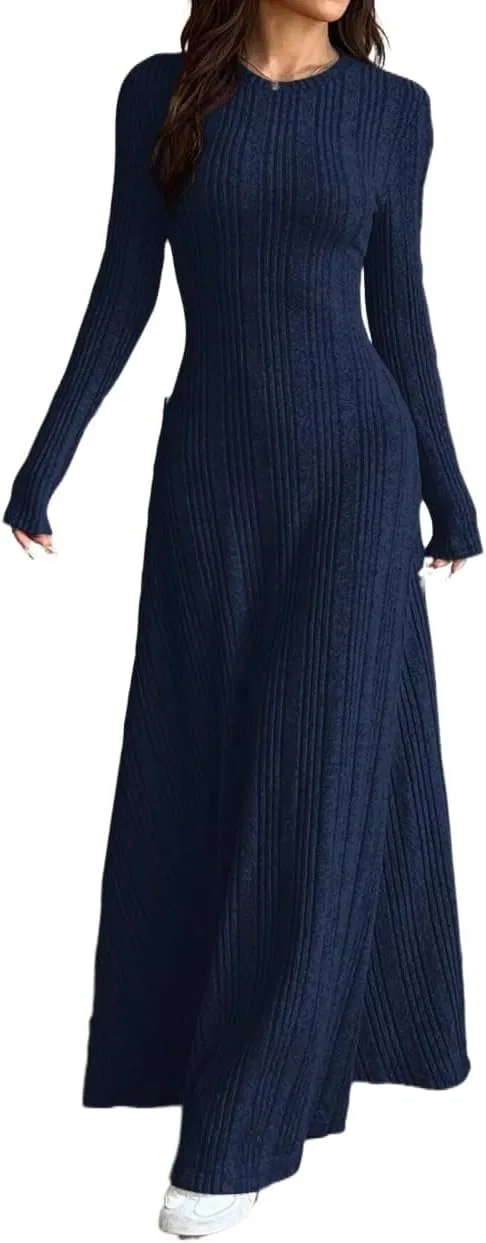 Женское повседневное платье A-силуэта с длинным рукавом, Navy Blue