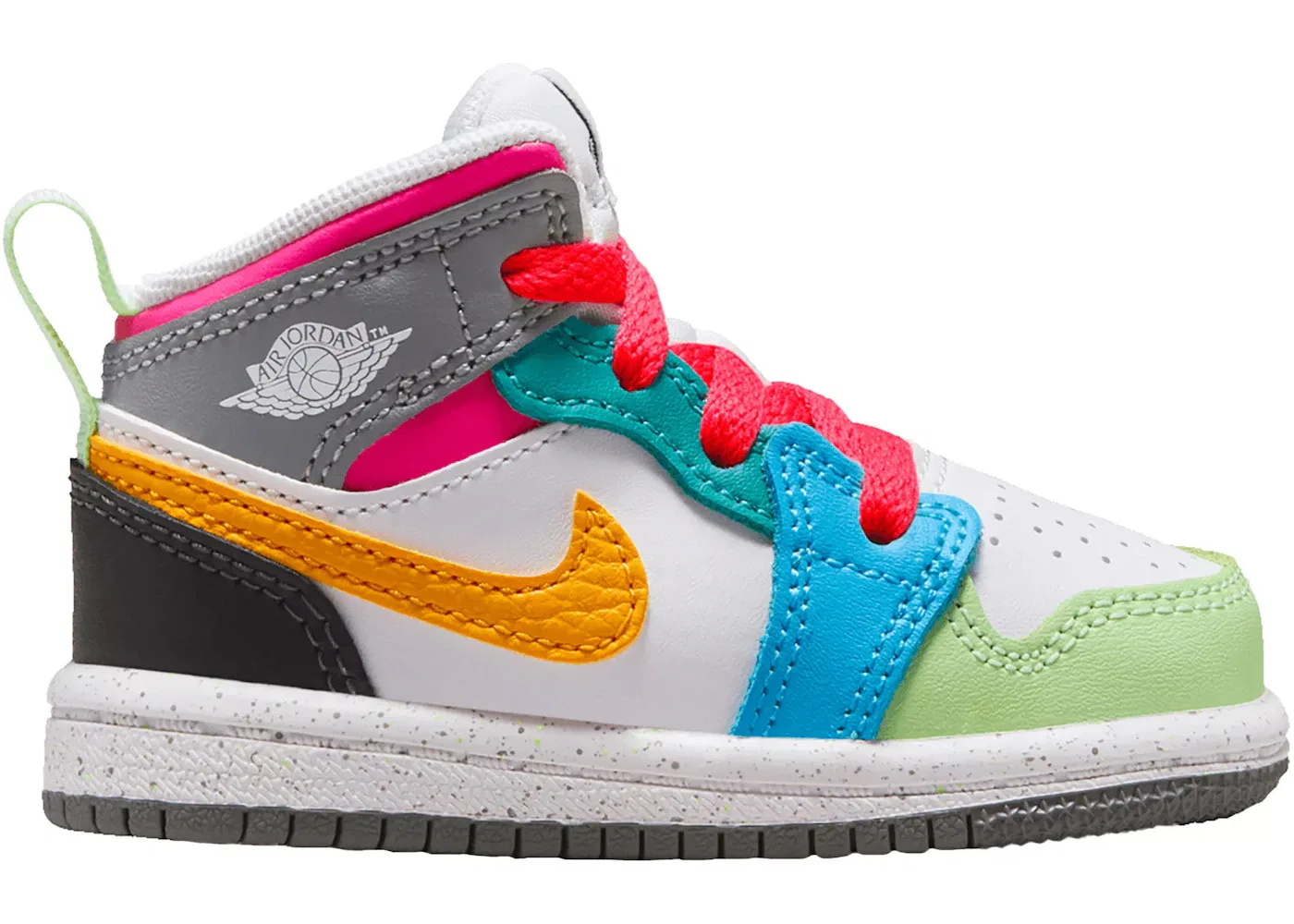 Детские кроссовки с многоцветным принтом Jordan 1 Mid SE Jordan, White/Taxi/Dark Shadow/Hyper Pink/New Emerald/Vapor Green