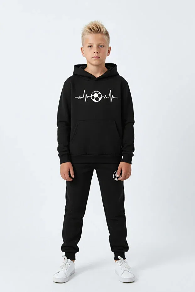 Детский спортивный костюм для мальчиков с принтом Football Printed Kangaroo Pocket Fyk Kids, Black — фото 2