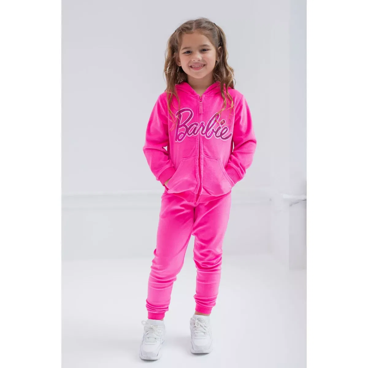 Детский спортивный комплект для девочек с принтом Barbie Velour Matching Family Zip Up Hoodie Tracksuit Pants Outfit Set Toddler Barbie, Pink — фото 2