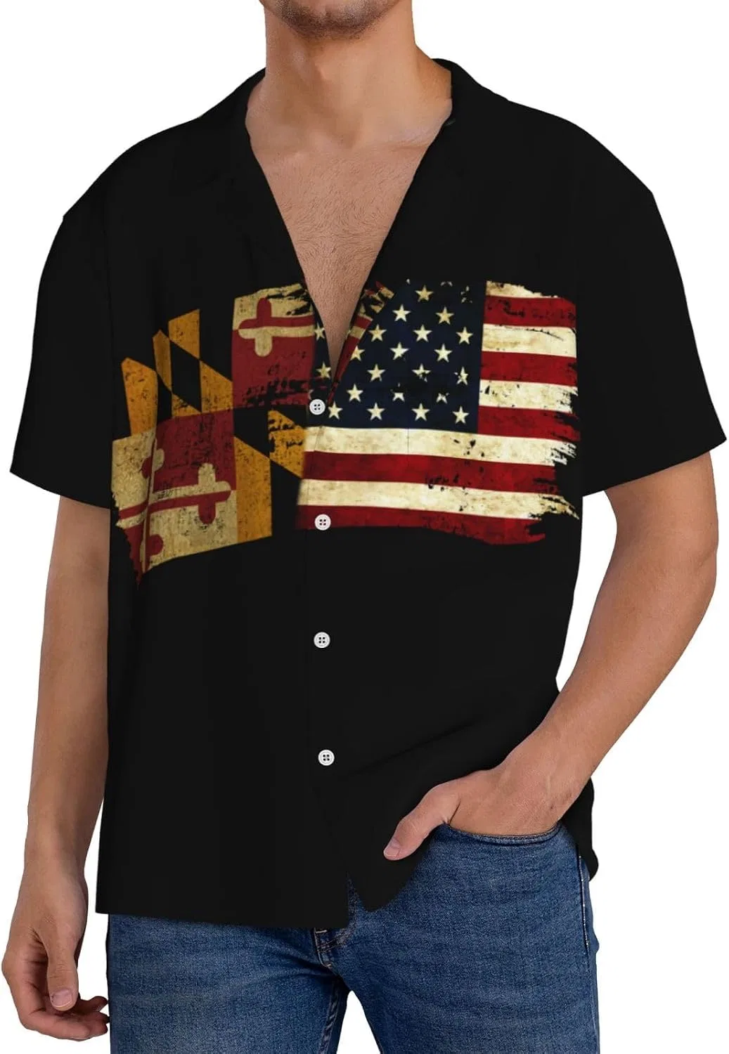 Мужская повседневная рубашка с кубинским воротником Marylander America Flag, Black