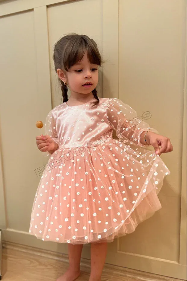 Детское платье для девочек с принтом Powder Pink Floral Print Tulle Skirt and Three-Quarter Sleeve Tulle Dress for Baby Girl & Girl - Flower Penu Baby Kids, Powder Pink — фото 4