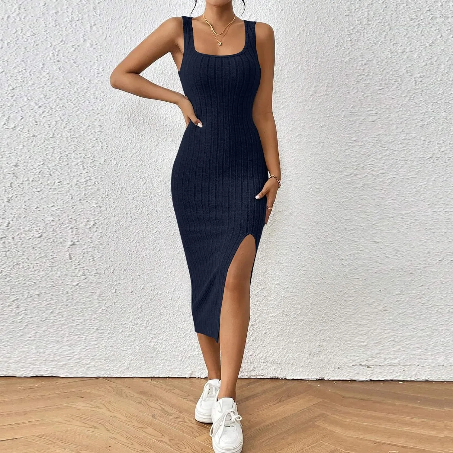 Женское летнее платье-майка с квадратным вырезом Bodycon Side Slit Sundress, Navy — фото 2