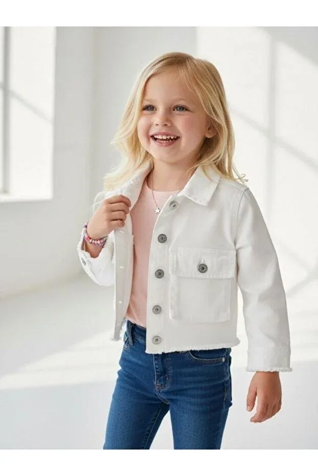 Детский джинсовое джакет для девочек с коротким рукавом Zekids, White — фото 3