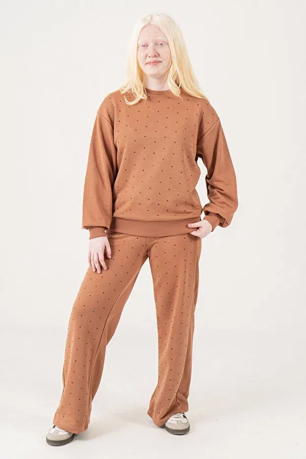 Детский спортивный комплект для девочек с принтом Stoned Crew Neck Girls' Tracksuit Set Kinderos, Tan Color — фото 2