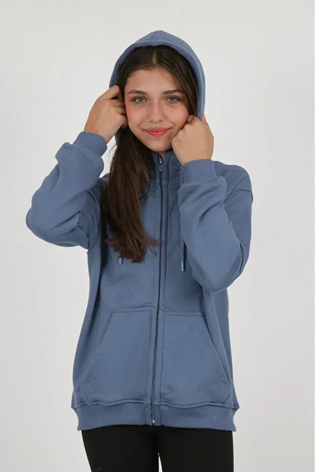 Детский кардиган для девочек с принтом Indigo Girls' Smoked K Hooded Zippered Pocket Low Shoulder Embroidery B Printed Knitted Toontoy, Indigo — фото 3