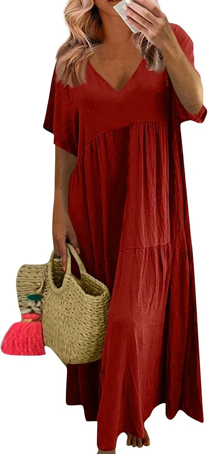 Женское свободное платье макси из хлопка и льна, Deep Red