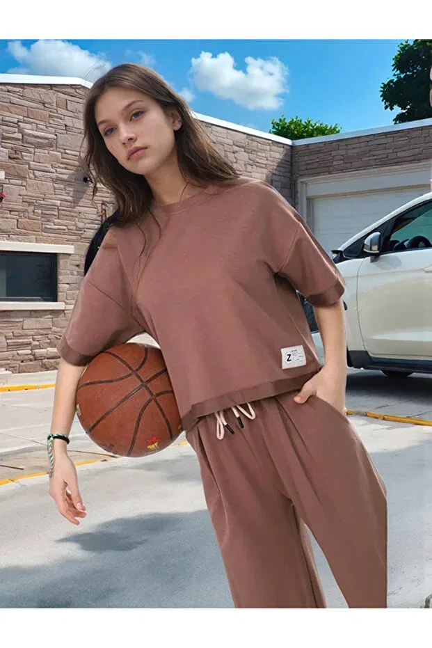 Детский спортивный комплект для девочек хлопковый свободный Oversize Soft Textured Joui Co, Brown — фото 2