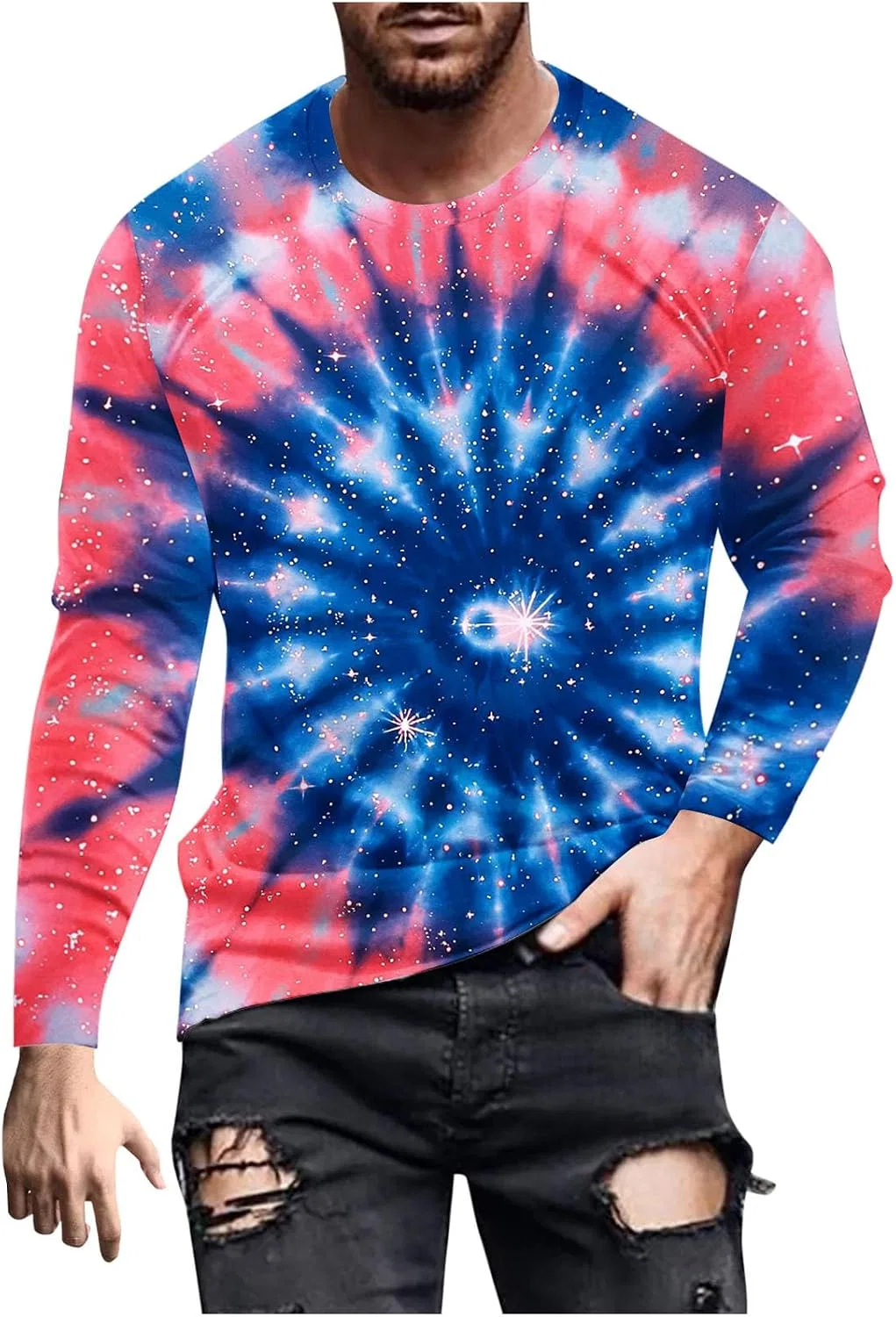 Мужская футболка с принтом Tie Dye Long Sleeve Round Neck, Pink