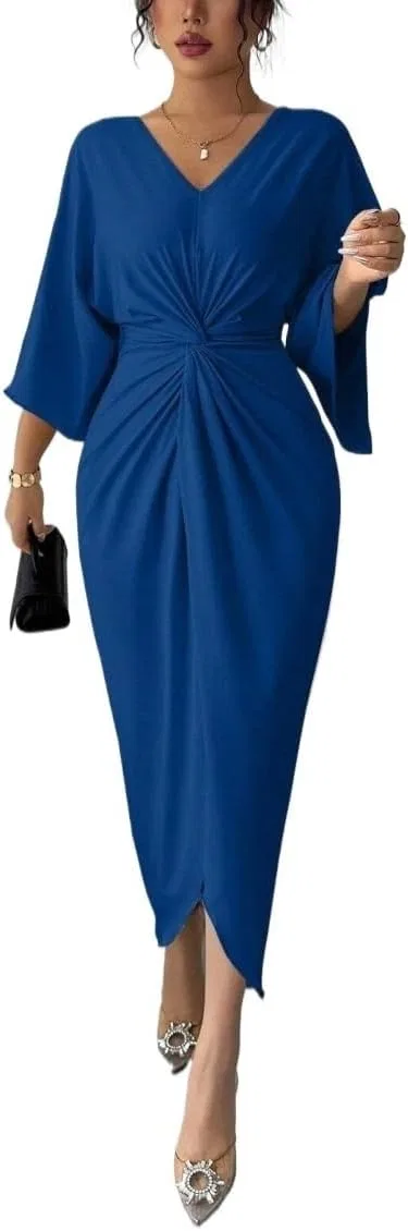 Женское элегантное платье с запахом V-образным вырезом Navy Blue