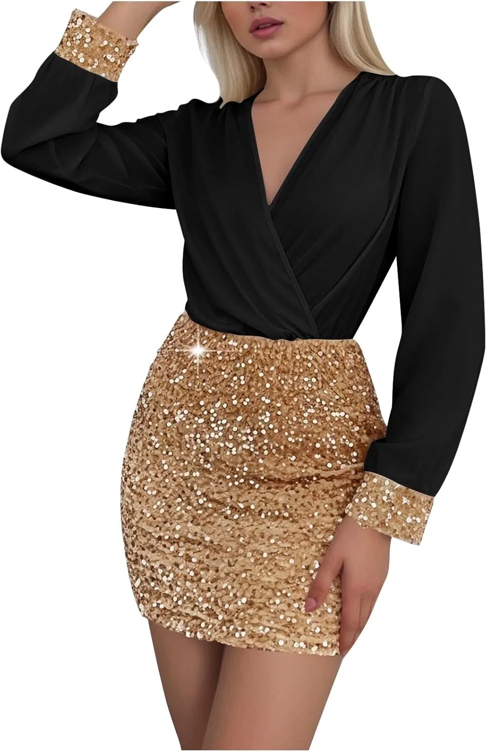 Женское платье с пайетками V-образным вырезом Bodycon, Black