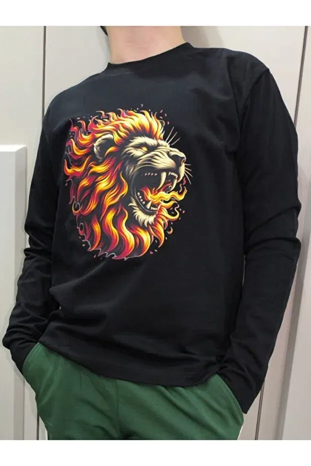 Детские свитшот для мальчиков с принтом Flame Lion Themed Pidal Giyim, Black