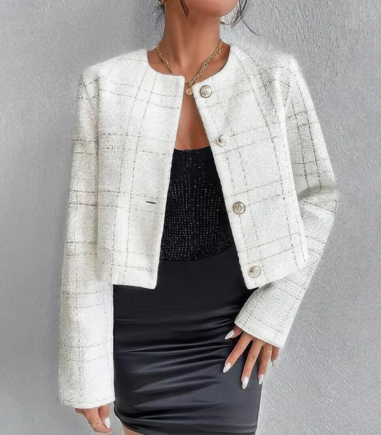 Женский твидовый пиджак без воротника с принтом Glitter Jacket, White — фото 4