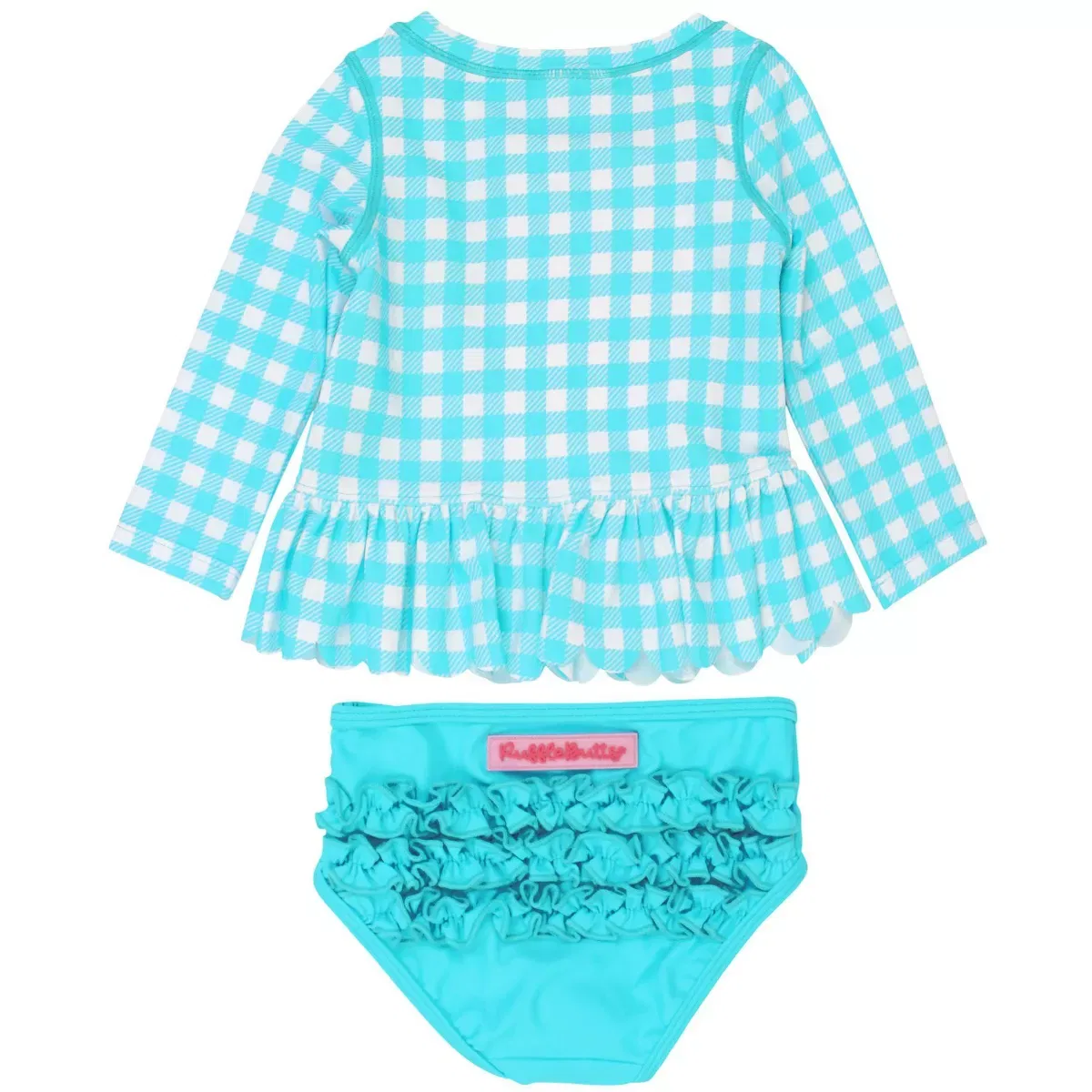 Детский купальный комплект для девочек с длинным рукавом Gingham Scallop Hem Long Sleeve Rash Guard Bikini RuffleButts, Bright Aqua Gingham — фото 2
