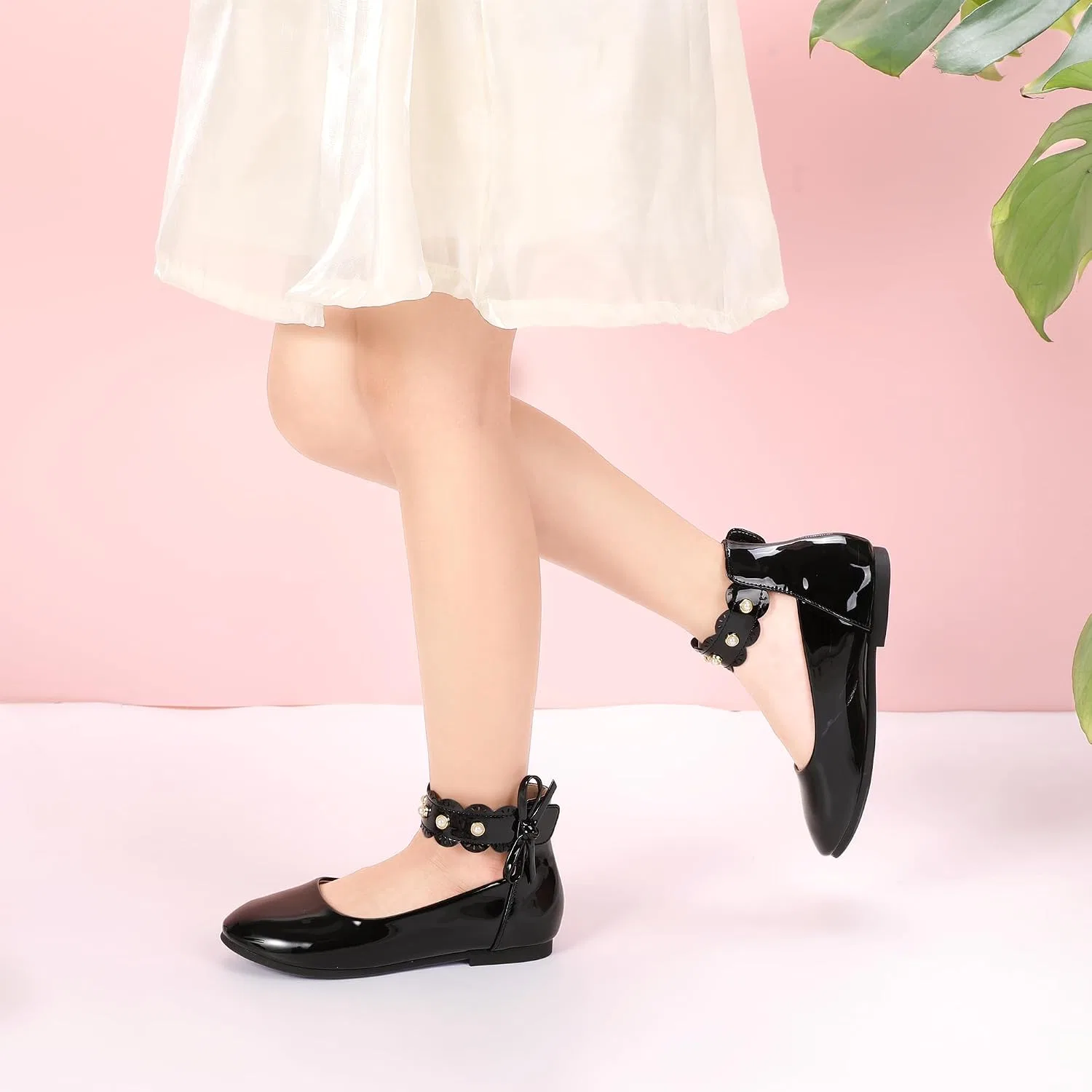 Детские балетки для девочек с жемчугом PANDANINJIA, Black Patent — фото 2