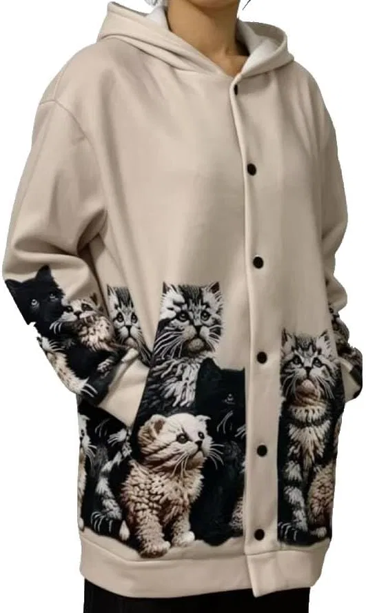 Женский свитер-кардиган оверсайз с принтом, Cat Sweaters, Grey Black Cat
