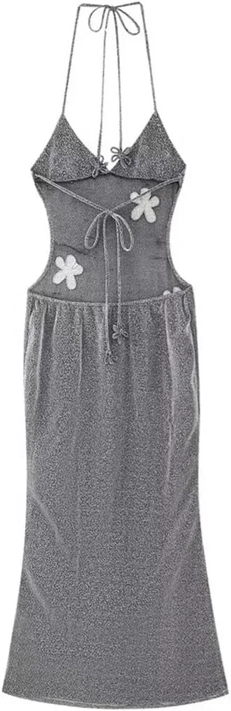 Женское A-силуэта платье миди с цветочной вышивкой, Silver Gray — фото 4