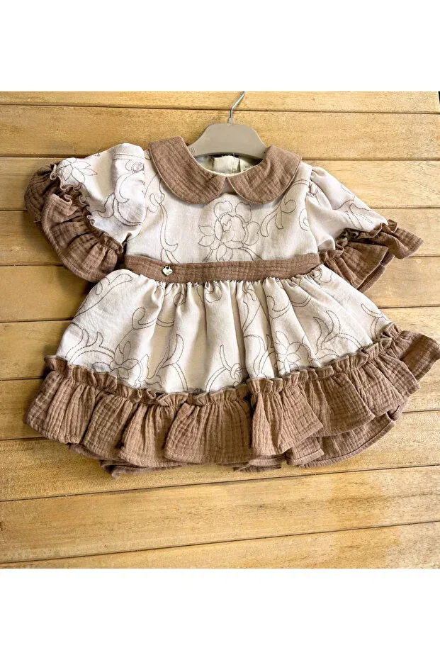 Детское платье для девочек хлопковое Eid Retro Ruffled Baby Collar Short Muslin Baby Dress Moes, Brown — фото 3