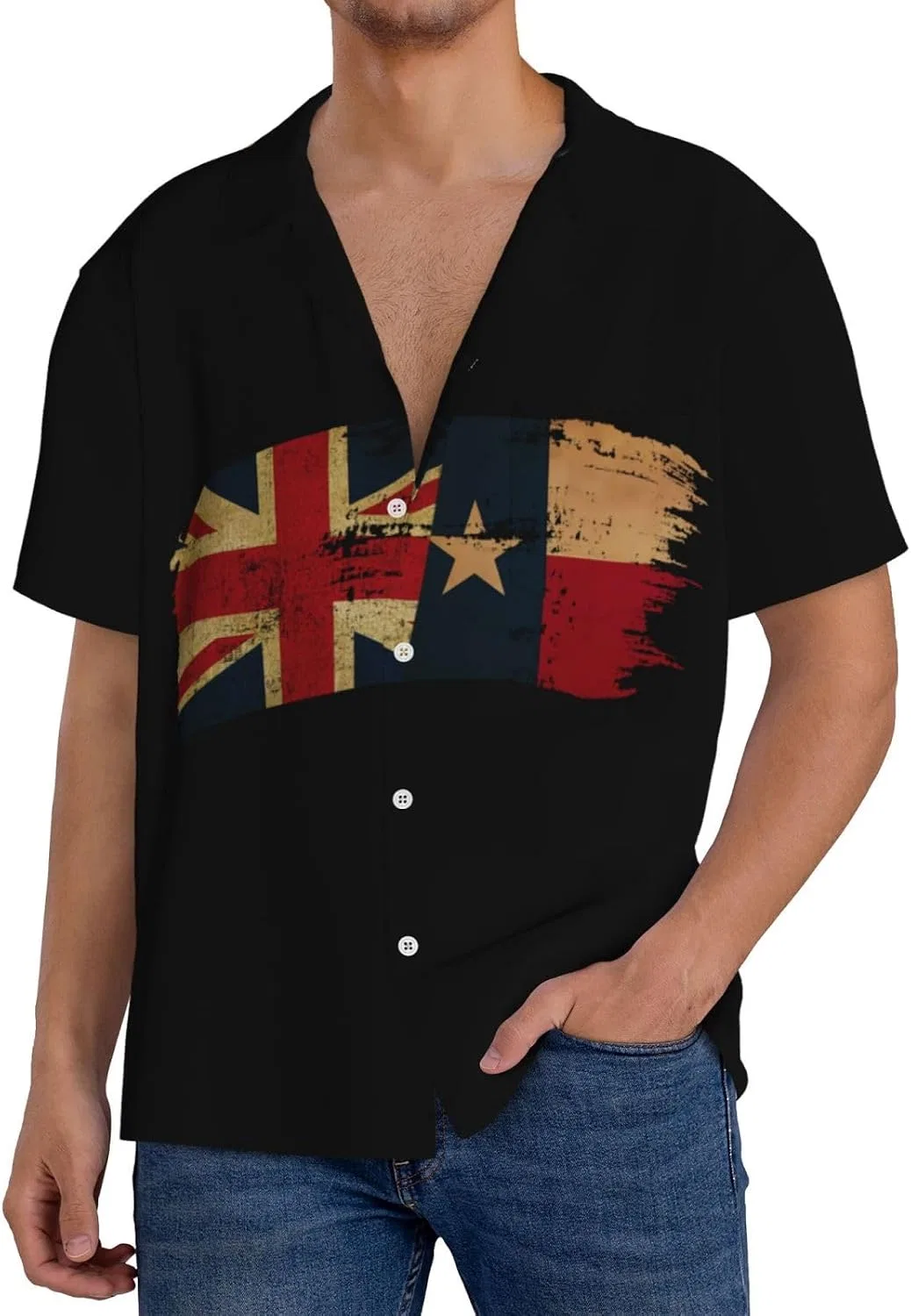 Мужская свободная рубашка с Куба-воротником Texas Britain Flag, Black