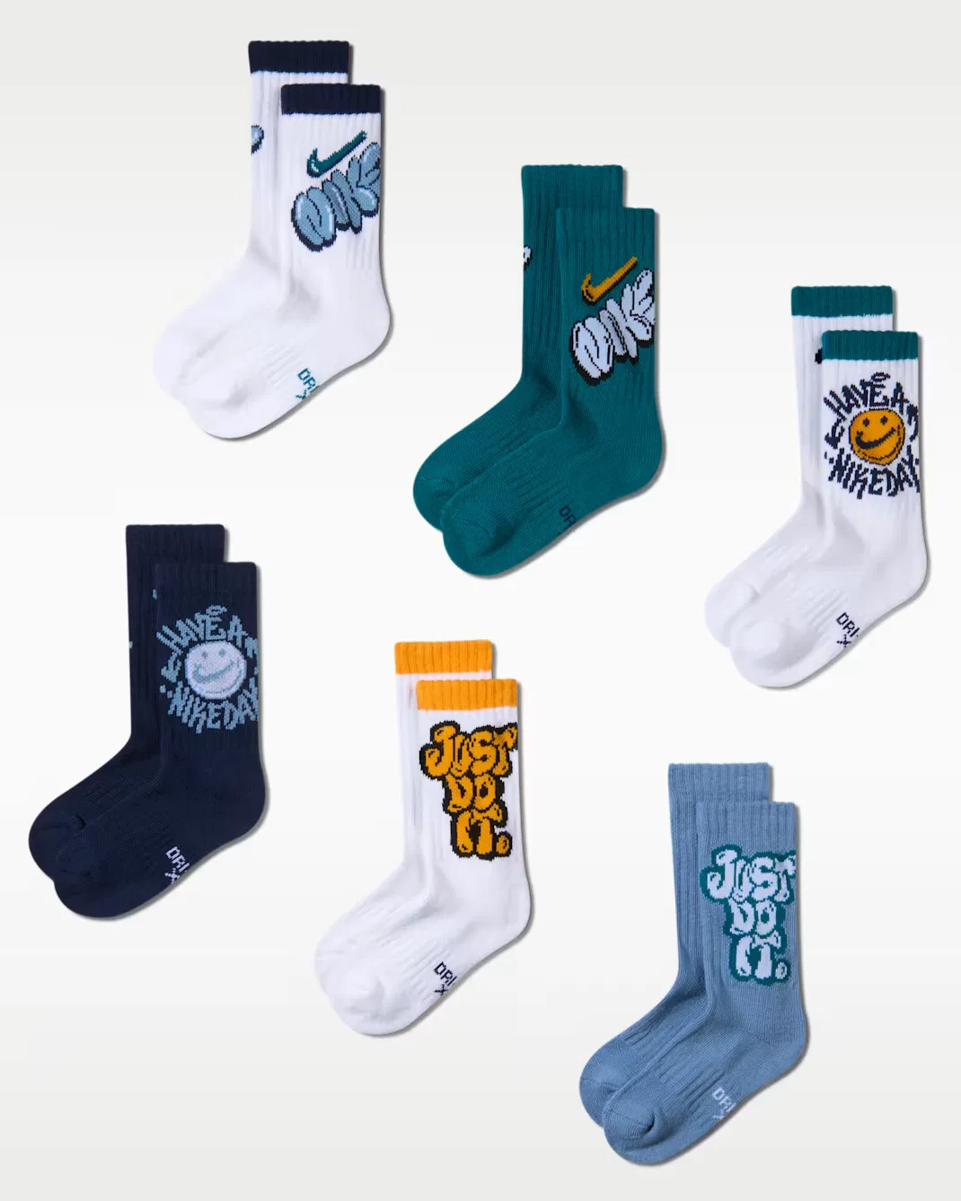 Детские носки Dri-FIT с графическим принтом "Have a Nike Day" (6 пар) Nike, White
