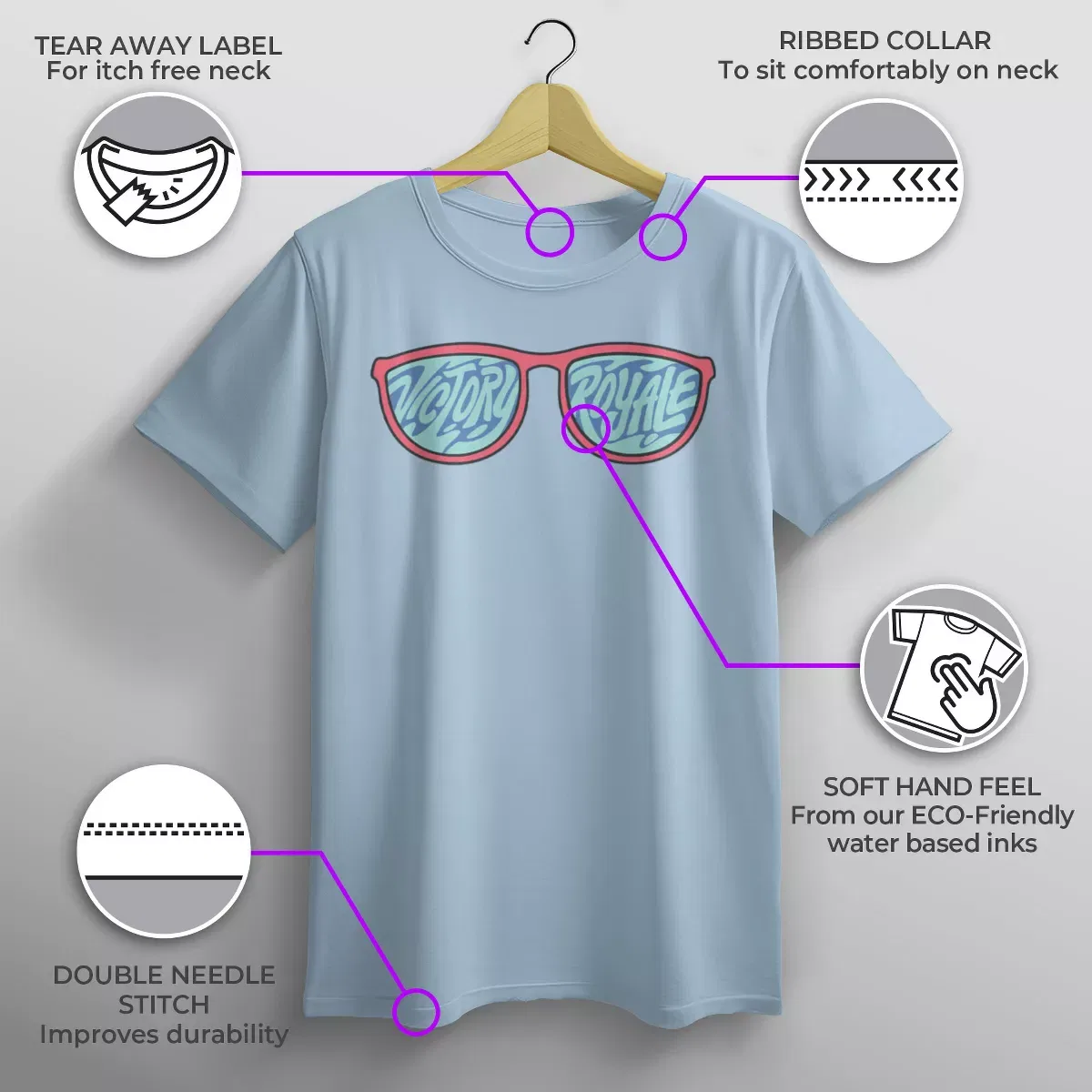 Детская футболка с принтом Fortnite Victory Royale Sunglasses, Light Blue — фото 3