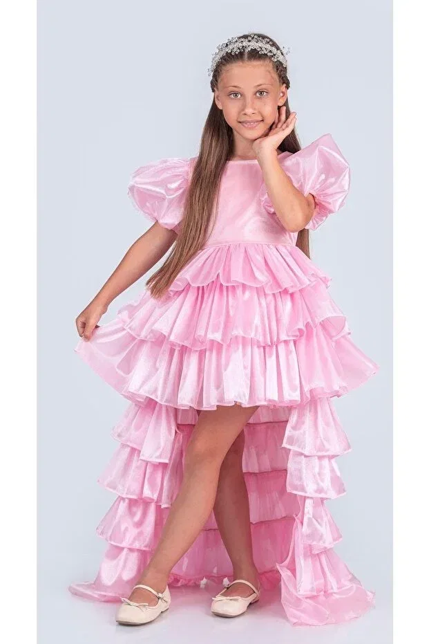 Детское вечернее платье для девочек с принтом Babyaden stoned and crowned front short back long detachable tail birthday party girl's evening dress Baby Aden, Pink — фото 3