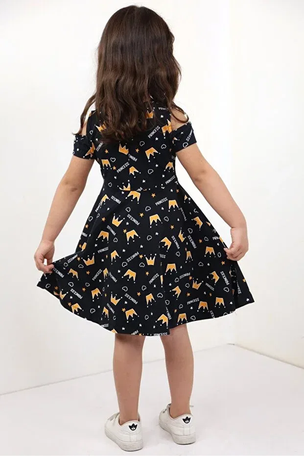 Детское платье для девочек с принтом Relax Fit Crew Neck Short Sleeve Dress - Open Shoulder Detail Toontoy, Black — фото 2