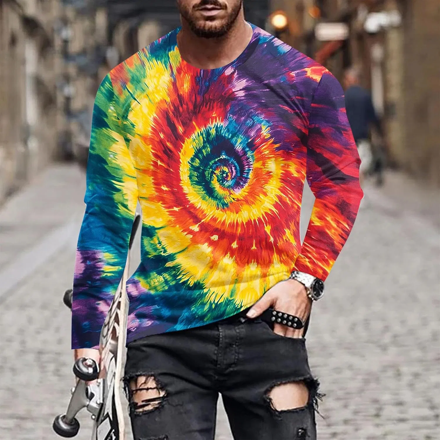 Мужская футболка с градиентом Tie Dye Long Sleeve Shirts for Men, 8-dark Blue — фото 2