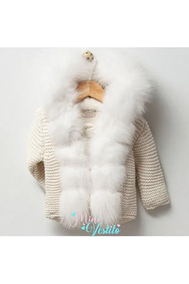 Детский кардиган с принтом Fur look hooded knitwear cardigan with welsoft inside Minivestito, Nude Color
