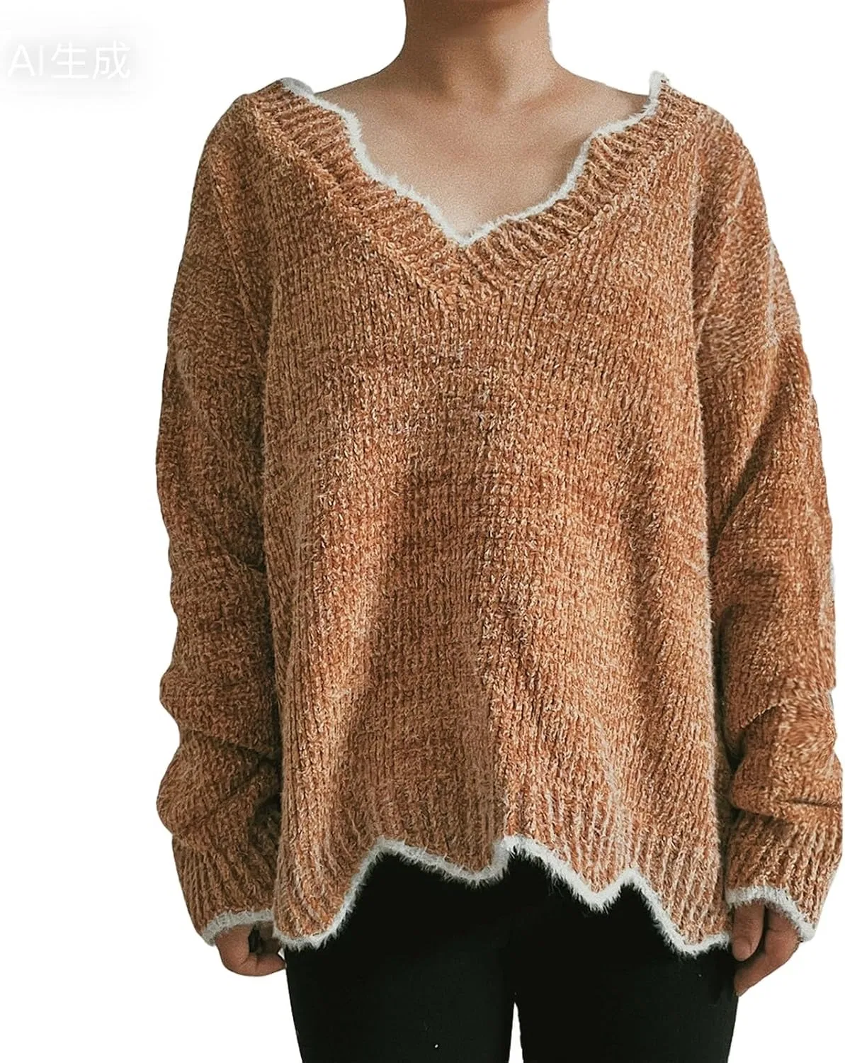 Женский вязаный пуловер с V-образным вырезом, с оборками, Cozy Scallop