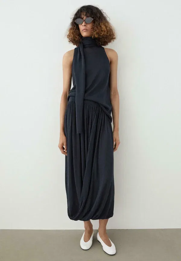 Юбка-баллон миди из трикотажа Draped balloon midi skirt Massimo Dutti, темно-синий