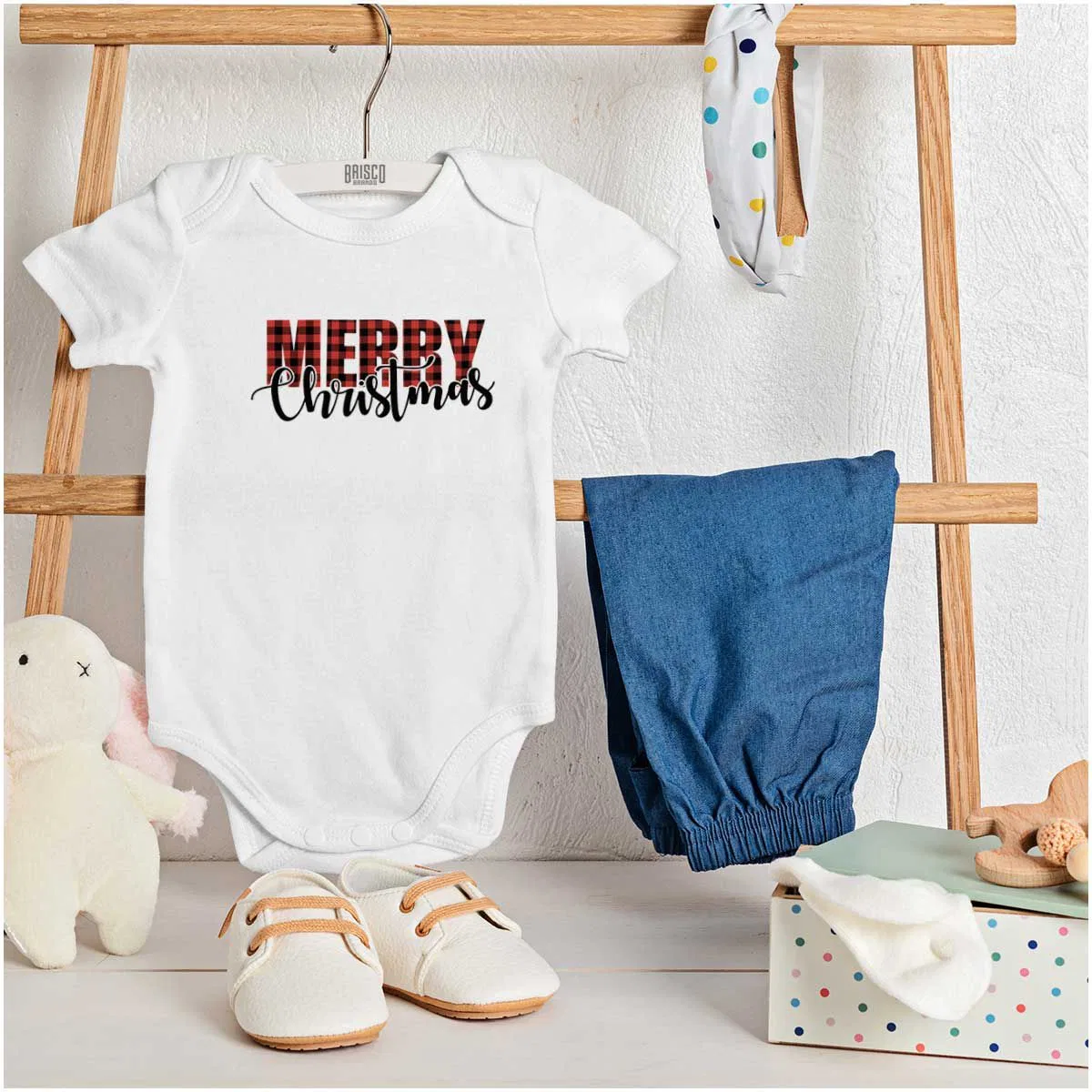 Детский боди-комбинезон с длинным рукавом с принтом Xmas Holiday Plaid Merry Christmas Brisco Brands, White — фото 3