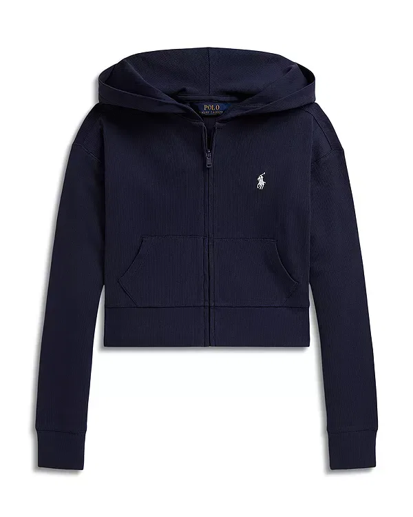 Детская толстовка для девочек с капюшоном Ribbed Boxy Full Zip Hoodie Ralph Lauren, темно-синий