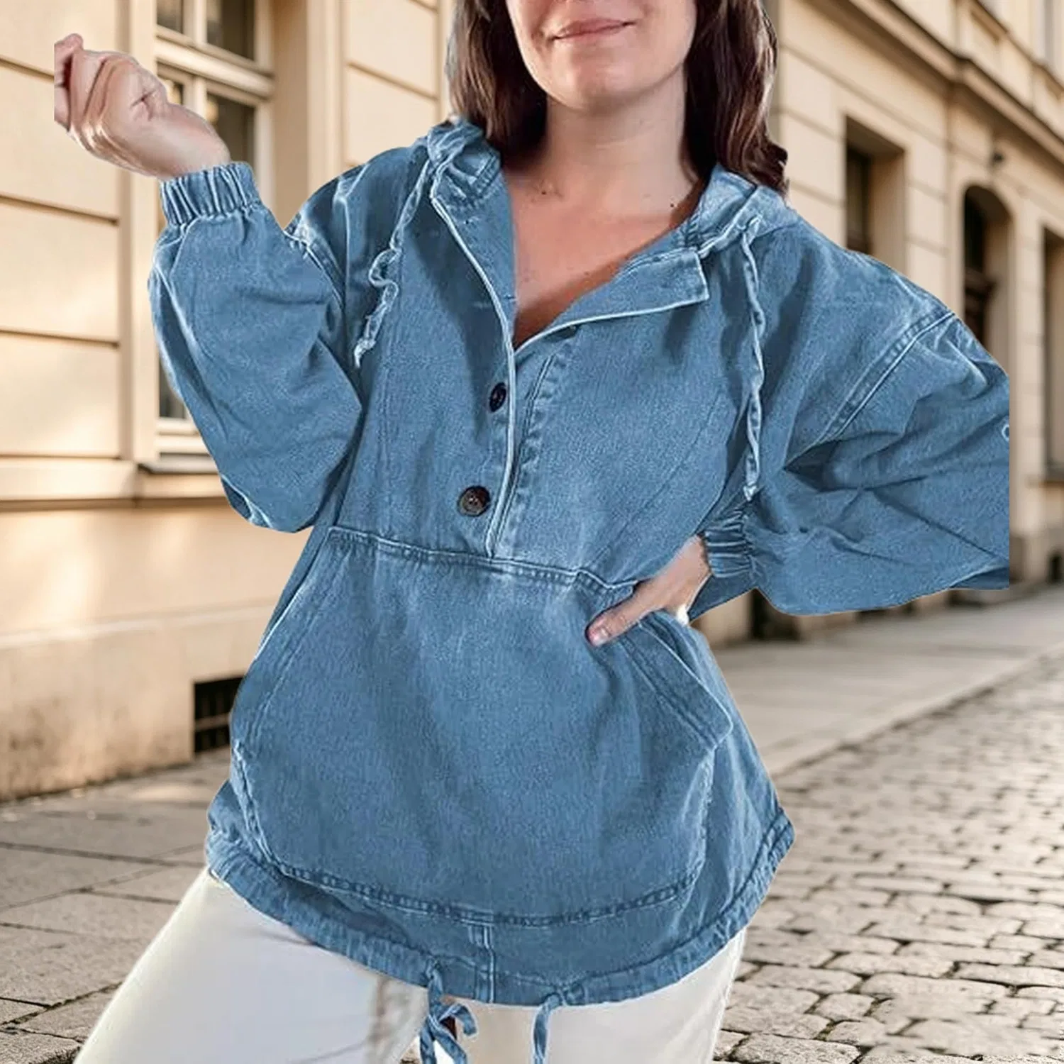 Женская джинсовая куртка oversize с капюшоном и длинным рукавом, Blu — фото 4